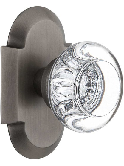 Arched Rosette Door Set with Round Clear-Crystal Glass Knobs in Antique Pewter.